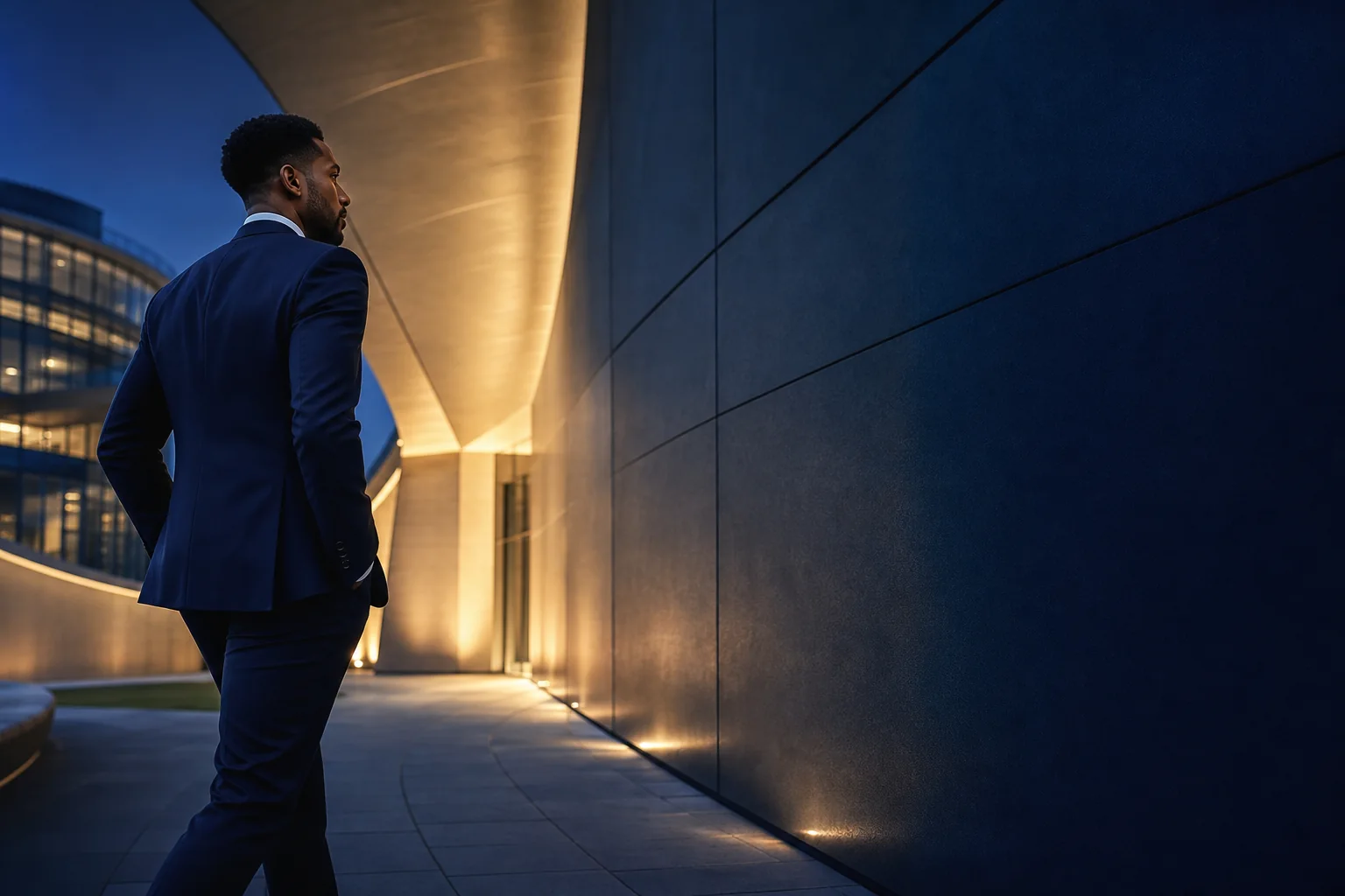A professional moving confidently through a modern business setting